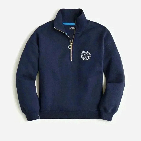 J.CREW Women's Medium Navy Heritage Fleece Half-Zip Sweatshirt with Crest Nautic - Picture 1 of 13